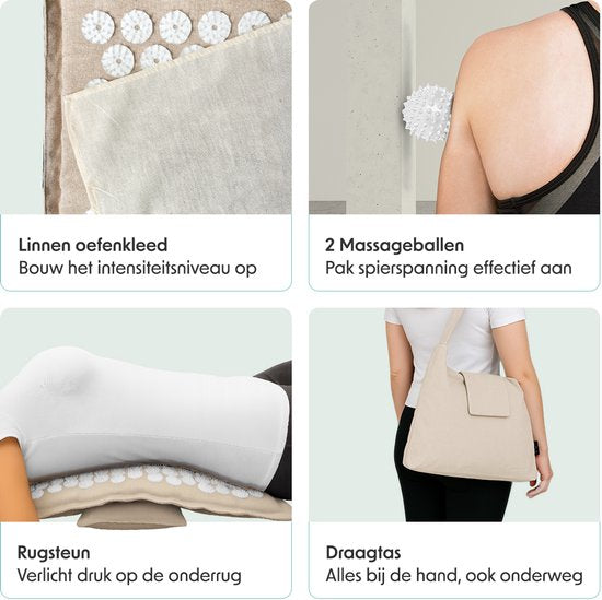 LifeGoods Acupressure Mat Eco - Set complet - Coussin / Sac de transport / 2x Trigger Point Ball - Shakti mat - Nail Mat - 72x43x2cm - Beige/White