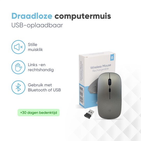 Souris sans fil Trendfield - Souris d'ordinateur rechargeable - Bluetooth - Souris ergonomique avec clic silencieux - Convient à tous les ordinateurs portables - Gris spatial