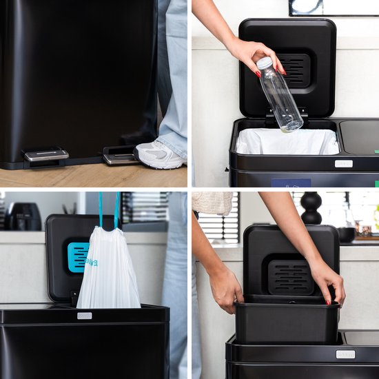 Deleca Recycle Bin with 2 Compartments - 60 Litres (2x30) Waste Bin - Waste Separation / Deposit Container / Pedal Bin - Garbage Bin with FreshAura Odour Control - Slow Close - Stainless Steel Black