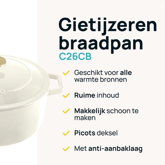 MOA Casserole en fonte - 5,7L - Pour toutes les sources de chaleur y compris l'induction - Avec couvercle - Ø 26cm - Revêtement antiadhésif - Blanc