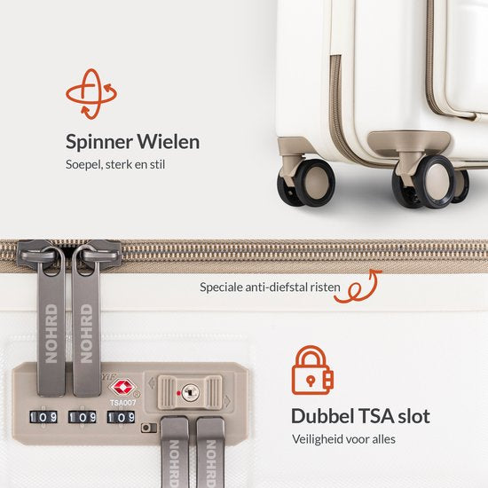 Nohrd Hand Luggage Suitcase 35 L - Spinner Wheels - Trolley Lightweight - Double TSA Lock - Travel Suitcase - Handy Front Pocket - Ivory