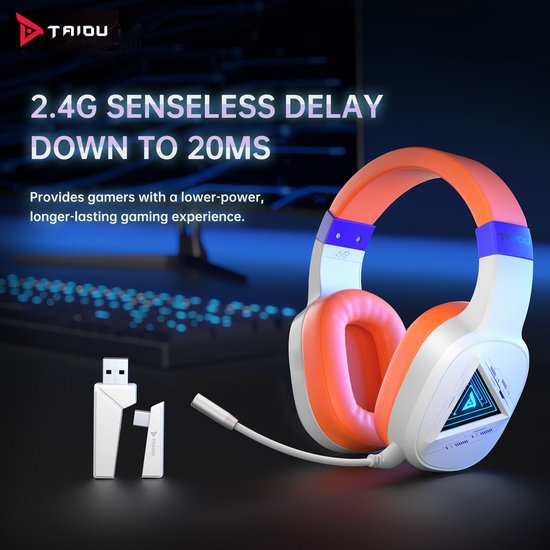 TAIDU THS320Pro - Casque de jeu sans fil 2,4GHz - Casque Bluetooth - avec microphone - Convient pour PS4/PS5, Nintendo Switch - Multiplateforme - Blanc Orange