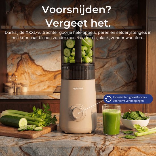 Safecourt Kitchen Slow Juicer XXL - moteur puissant [Technologie de pré-coupe et de pression à froid] - nettoyage facile - sans BPA - juicer Beige