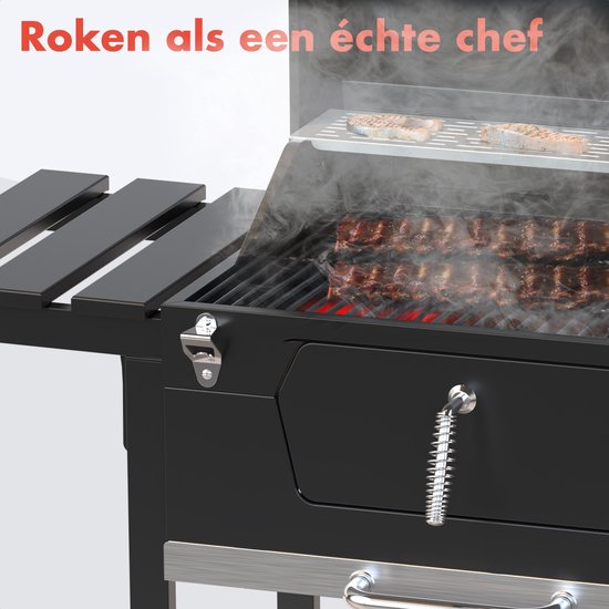 Barbecue charbon - KitchenBrothers - Gril et fumoir 2-en-1 - Surface de cuisson 42x57cm