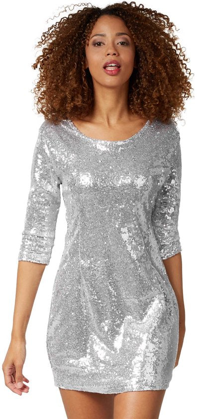 Dressforfun Robe à manches longues en paillettes argent S - Robe de soirée fantaisie costume halloween robe de soirée carnaval costume de soirée carnaval robe de soirée - 303781