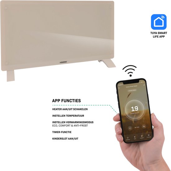 VONROC Chauffage électrique de luxe - Convecteur avec panneau en verre - 1250W/2500W- Chauffe les pièces jusqu'à 30m2 - Contrôlé par l'application (via Wifi) et manuellement - Thermostat et minuterie réglables - Beige