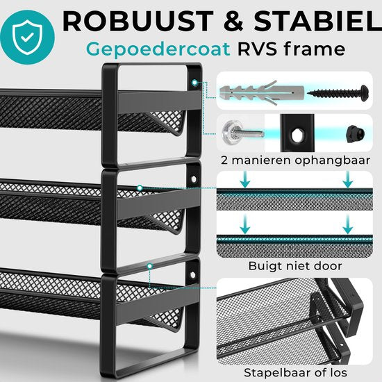 Soothe Spice Rack Standing and Hanging for 24 Spice Jars - 3 Layers - Spice Organiser - Spice Rack - Noir