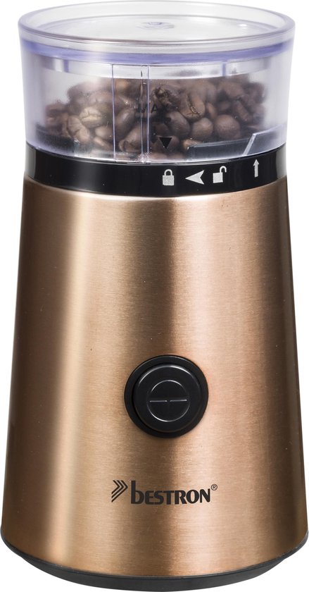 Bestron ACG1000CO Moulin à café électrique - 150W - Couteaux en acier inoxydable - Capacité de 50g - Couleur cuivre - Pour grains de café et épices - Garantie 5 ans