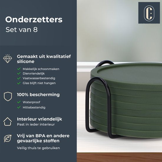 Castagnola Sous-verres en silicone - Sous-verres pour verres - Sous-verres design avec support - Set de sous-verres - Antidérapant - Lot de 8 - Vert