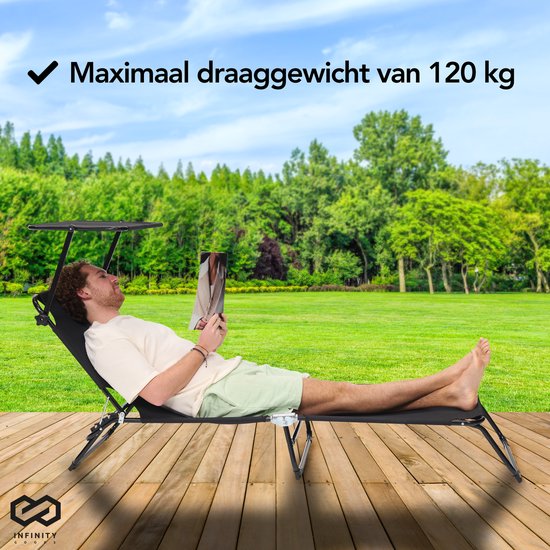 Infinity Goods Ligbed Met Zonnescherm - Opvouwbaar - Set van 2 - Zonnebed - Ligstoel - Verstelbaar - Tuin - Weerbestendig - Zwart