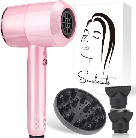 Sansbeauté® Hair Dryer with Diffuser - Ionic Hair Dryer - Brush - Travel Hair Dryer - 3 Attachments - Curls - Coolshot - 3 Stages - Hair Dryer with Diffuser - Hair Dryer - 2000W - Pink