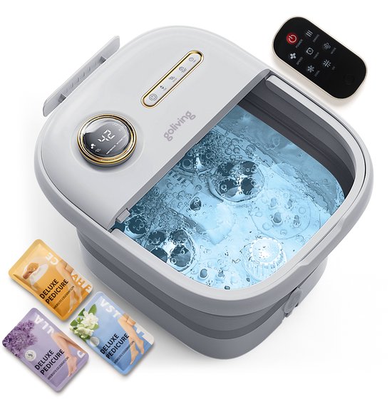 Goliving Bain de pieds automatique - 3x sels de bain inclus - Appareil de massage des pieds - Bain de pieds pliable avec massage - Chauffage jusqu'à 48°C- Télécommande - Blanc