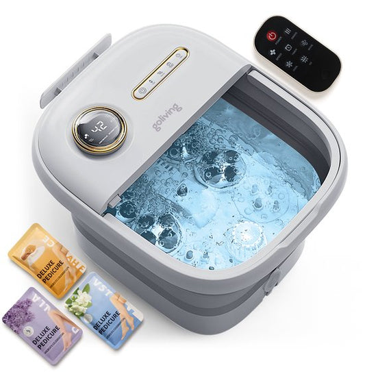 Goliving Bain de pieds automatique - 3x sels de bain inclus - Appareil de massage des pieds - Bain de pieds pliable avec massage - Chauffage jusqu'à 48°C- Télécommande - Blanc
