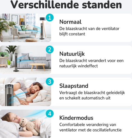 Ventilateur de tour Bloomfold - 38 pouces - Gris - Télécommande - Mode veille - Minuterie 12 heures - Affichage LED complet