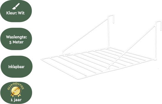 BRASQ Portoir à linge suspendu blanc - 5 mètres - Portoir à linge pour porte et balcon - Portoir à linge pliable - Portoir à linge mural - Portoir à linge suspendu - 53x71x27 cm