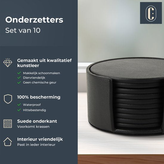 Castagnola Sous-verres en faux cuir - Sous-verres pour verres - Sous-verres design avec support - Sous-verres en cuir - Cuir - Lot de 10 - Noir