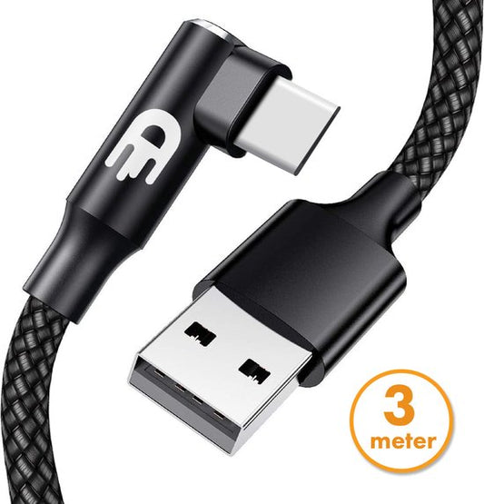 Drivv. Câble USB vers USB C - Crochet - Câble de données et de charge USB C - Charge rapide / Charge rapide - 3 mètres - Convient à Samsung, iPhone 15 et autres -Noir