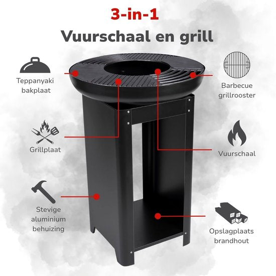 alpina 3-in-1 Fire Pit and Griddle - Foyer de jardin 61 x 90 cm - avec gril Teppanyaki - Plancha BBQ avec rangement pour le bois de chauffage - Foyer d'extérieur - Métal