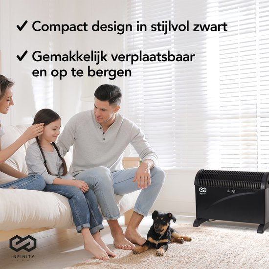 Infinity Goods Radiateur électrique - Fonction Turbo et ventilateur - 750 / 1500 / 2000W - Thermostat réglable - Radiateur - Protection contre la surchauffe - 35m² - Noir