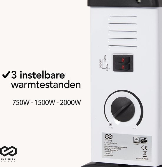 Infinity Goods Radiateur électrique convecteur - 750 / 1500 / 2000W - Thermostat réglable - Radiateur - Protection contre la surchauffe - 35m² - Blanc/Noir