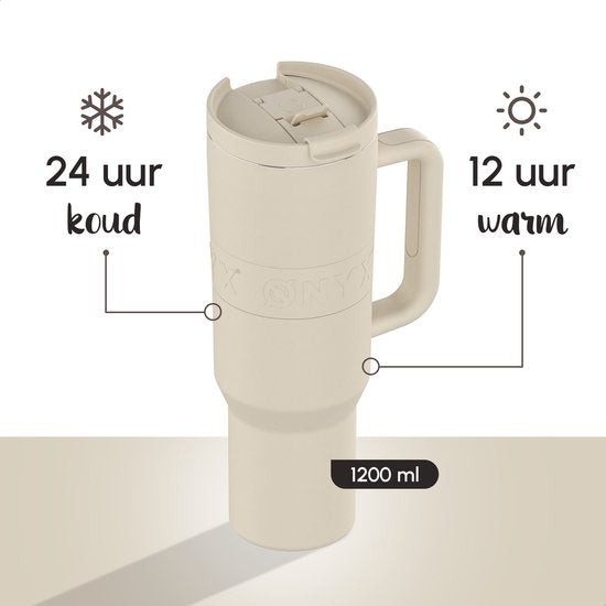 ONYX Bouteille à boire avec paille 1,2 litre - Bouteille d'eau pour enfants et adultes - Tasse thermos - Tasse de voyage - Boire pour la motivation - Tasse à boire pour l'école - Beige