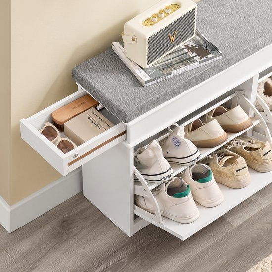 SoBuy FSR64-WG Meuble à chaussures, banc à chaussures, chaussures, entrée, 2 abattants avec coussin amovible, boîte de rangement, étagère pour entrée étroite, 104 x 24 x 51 cm, effet bois antique, blanc