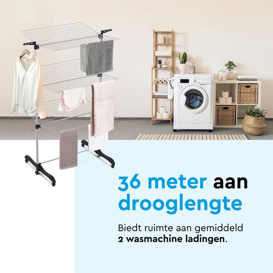 BRASQ Drying Tower Collapsible 3 Layers - Drying Length 36 Metres - Laundry Rack with Wheels and Holders - Drying Rack - Laundry Tower 77x73x140 cm