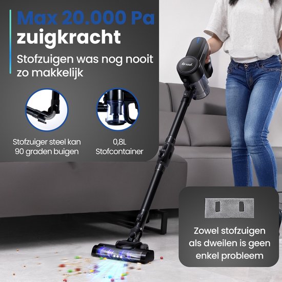 Aspirateur à manche - Saaf G80 - 100W - Fonction serpillière - Manche pliable - 8 pièces - Aspirateur sans sac - Sans fil - Noir