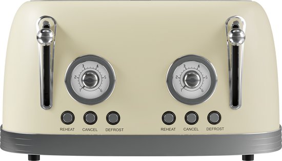 KitchenBrothers Retro Toaster - Grille-pain - 6 niveaux de chaleur - 4 fentes extra-larges - 815W - Beige