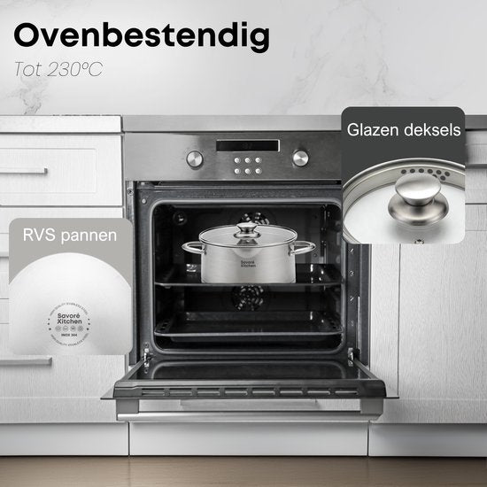 Savoré Kitchen 8-piece stainless steel pan set - Cooking Pans with Glass Lid - Induction Pans - Drain rim, Graduation and Versing Spout