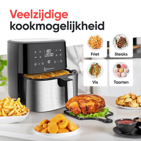 Kitchenwell AirFryer - Friteuse à air chaud - Capacité 8L - 80-200℃ - Minuteur - 1800W - Noir