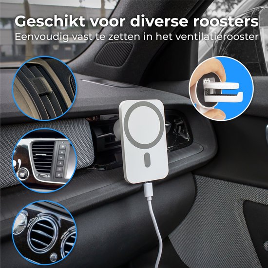 Nuvance - Supports de téléphone pour voiture - Convient pour MagSafe iPhone 12/13/14/15 - Support de téléphone avec chargeur sans fil - Supports de voiture magnétiques - Blanc