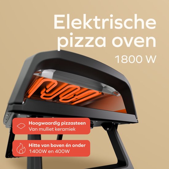 KitchenBrothers Four à Pizza - Electrique - Modèle de table - Sans PFAS - Pliable - Pierre à pizza - Pizzeria - Four à pizza pour l'extérieur et l'intérieur - Noir/Gris