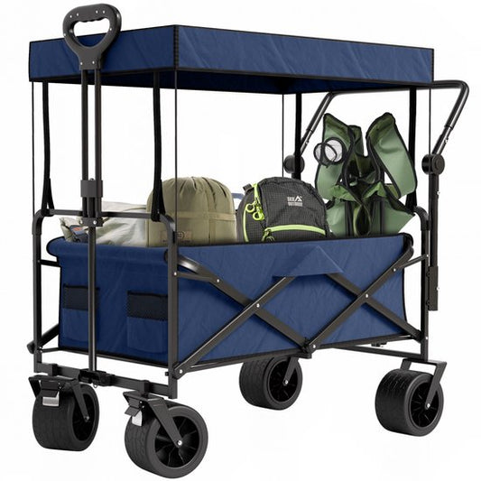 Avalo Bolderkar Avec Toit XL Pliable - Capacité de charge jusqu'à 110KG - 120L - 97x60x105 CM - Roues 360º - Bolderwagen / Bolderwagen / Chariot de plage / Chariot de randonnée / Bolderkar pliable - Pour la plage - Bleu