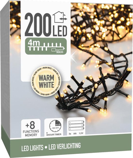 Guirlande - Merkloos - 200 led - 4m - Alimentation par piles - 8 fonctions d'éclairage - Blanc chaud