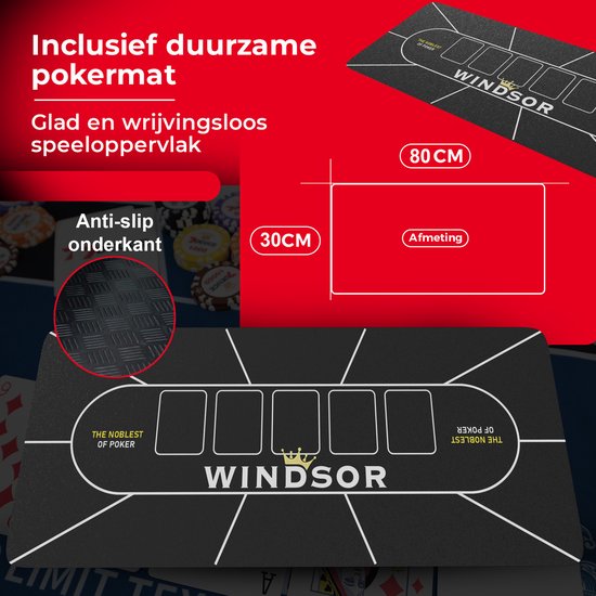 Set de poker Windsor - 500 jetons - Tissu de poker - Blinds - Cartes - Jetons de poker - Jetons de poker