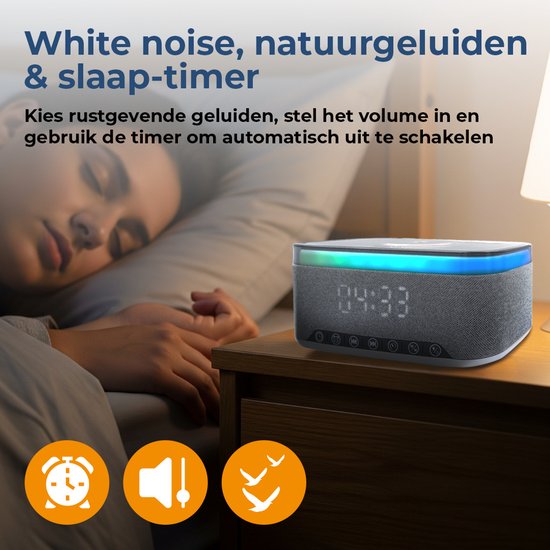 Réveil Denver avec chargeur sans fil - Machine à bruit blanc - Réveil numérique - Bluetooth - Radio FM - Double alarme - Variateur - CRQ225