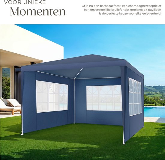 tectake® Pavillon - avec armature renforcée - Tente de réception 3x3 m - Bâche imperméable - Panneaux latéraux amovibles - Pavillon de jardin résistant aux intempéries - Lignes de tension et piquets inclus - Bleu - Tente pliante pop-up