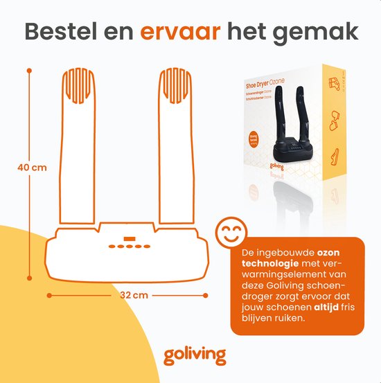 Goliving Séchoir à chaussures Ozone - 40 x 32 cm - Désodorisant pour chaussures - Séchoir à chaussures - Fonction de séchage - Électrique - Noir