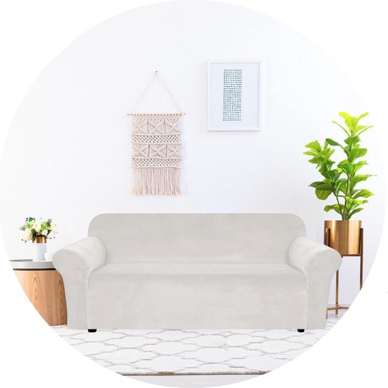 Hilvard - Housse de canapé 3 places - (185-230 cm) - Ivoire - Velours - Stretch - Housse de canapé - Housse de meuble - Contre les dommages et les taches - Housse de siège - Housse de siège