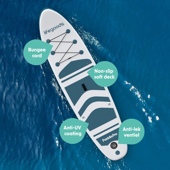 LifeGoods PaddlePro SUP Board - avec siège - Planche à pagaie gonflable - Ensemble complet - Max. 135KG - 320x81cm - Blanc/Aqua profond