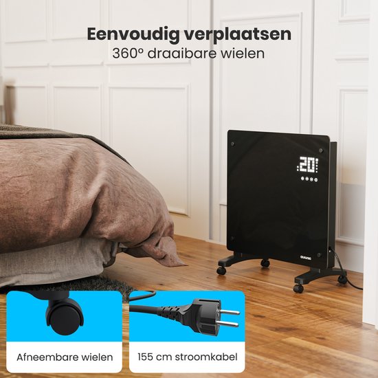 Auronic Electric Heater - Convector Heater with Thermostat and Remote Control - Glass Panel Heater - 1000W Heater - Black