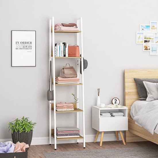 Étagère en échelle Woltu - 40 x 170 x 36 cm - 5 étages - Avec crochets - Blanc