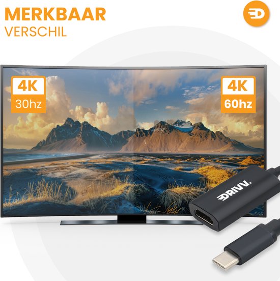 Drivv. Adaptateur USB C vers HDMI - Supporte 4K 60Hz - Type C vers HDMI - Thunderbolt 3 - Noir