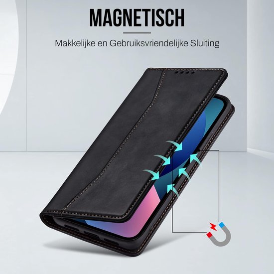 Podec Case with Card Holder Suitable for iPhone 13 Mini Black Phone Case - Anti-Shock Bookcase Cover with 1x Screen Protector - Wallet Case