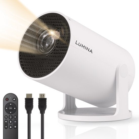 Lumina® Pro Mini Beamer 2026 - Projecteur intelligent Android 14 avec Google Playstore - Home cinéma - Pour iOS & Android - WiFi 6 & Bluetooth 5.4 - Blanc