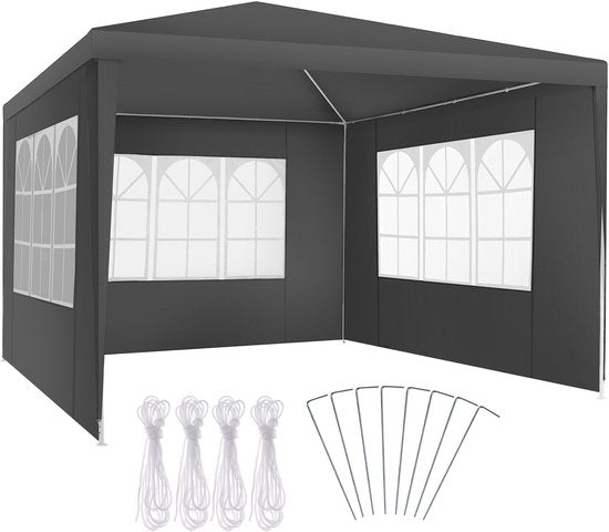 tectake® Pavillon Barinas - Tente de réception 3x3 m - Bâche imperméable avec 3 panneaux latéraux amovibles - Pavillon de jardin résistant aux intempéries - Lignes de tension et piquets inclus - Gris