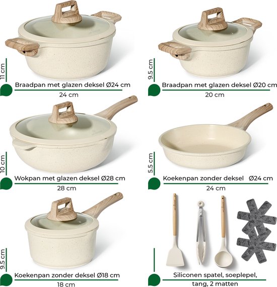 Just Perfecto 14 Piece Induction Cookware Set - Beige Cookware Set With Lid For Gas and Induction - PFAS free - Cold grips
