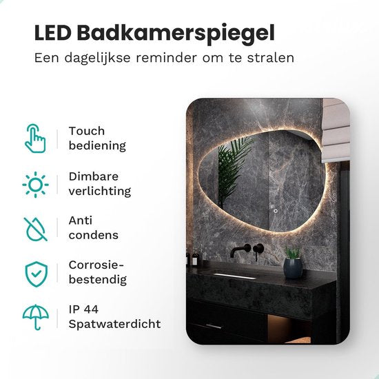 Mirlux Miroir de salle de bain avec éclairage LED - Asymétrique - Miroir mural organique - Miroir de douche anti-condensation - Miroir mural 120x75CM
