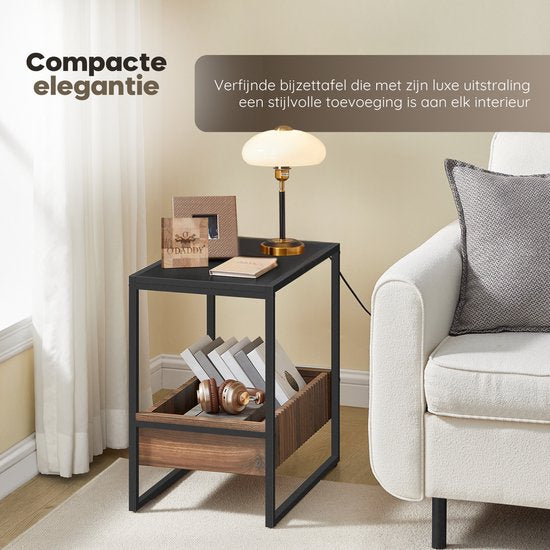 O'DADDY® Side Table - Table carrée - Avec tiroir réglable - Table d'appoint - Table basse - Table de chevet - 55x35x55 cm - Métal noir/bois brun